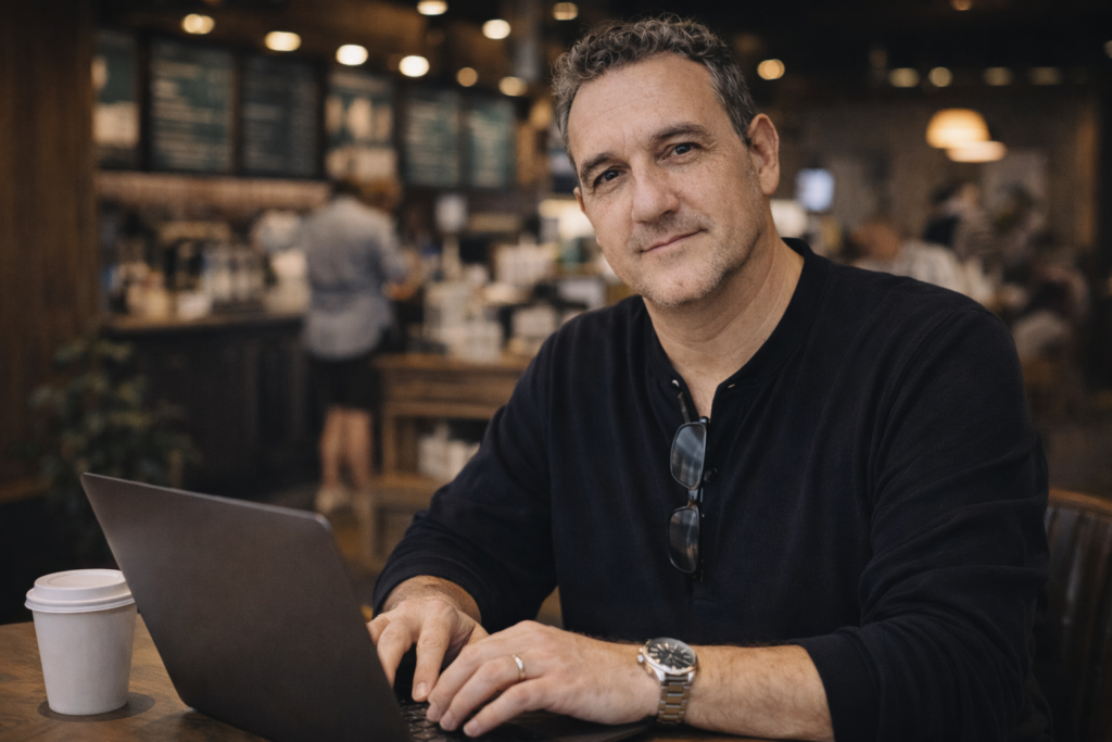 Jason Lovell from The Digital Cabin working on a laptop in a coffee shop